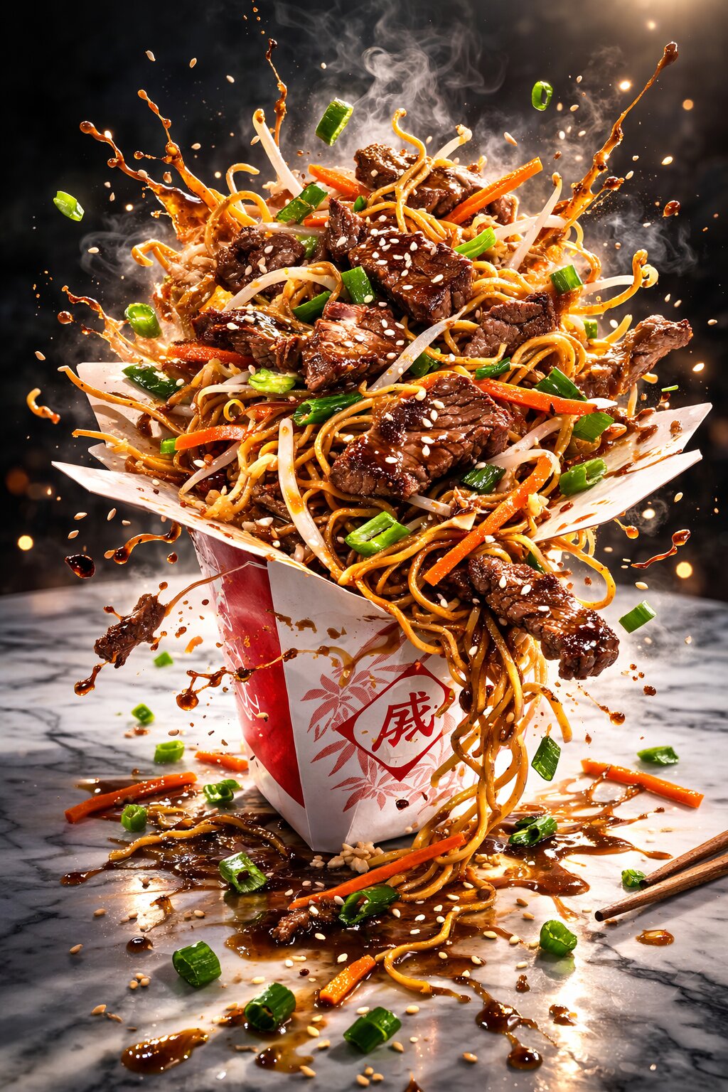 Spicy noodles with beef and vegetables in a takeout box on a dark background